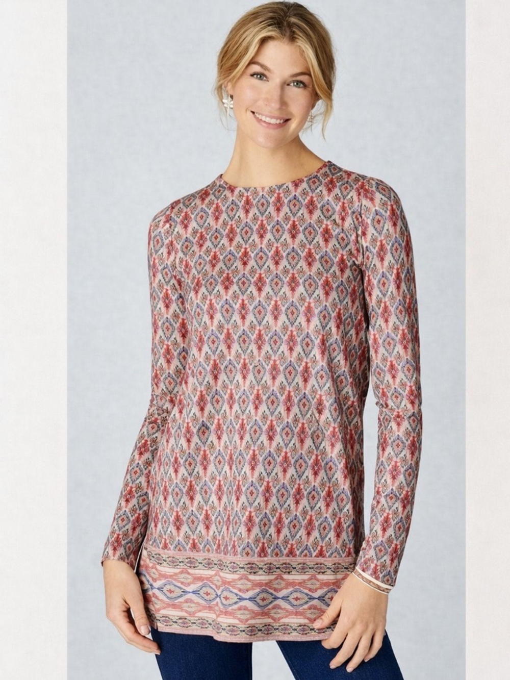 J. Jill Luxe Supima Cotton Forward Seam Long Tunic Printed Large Boho Workwear